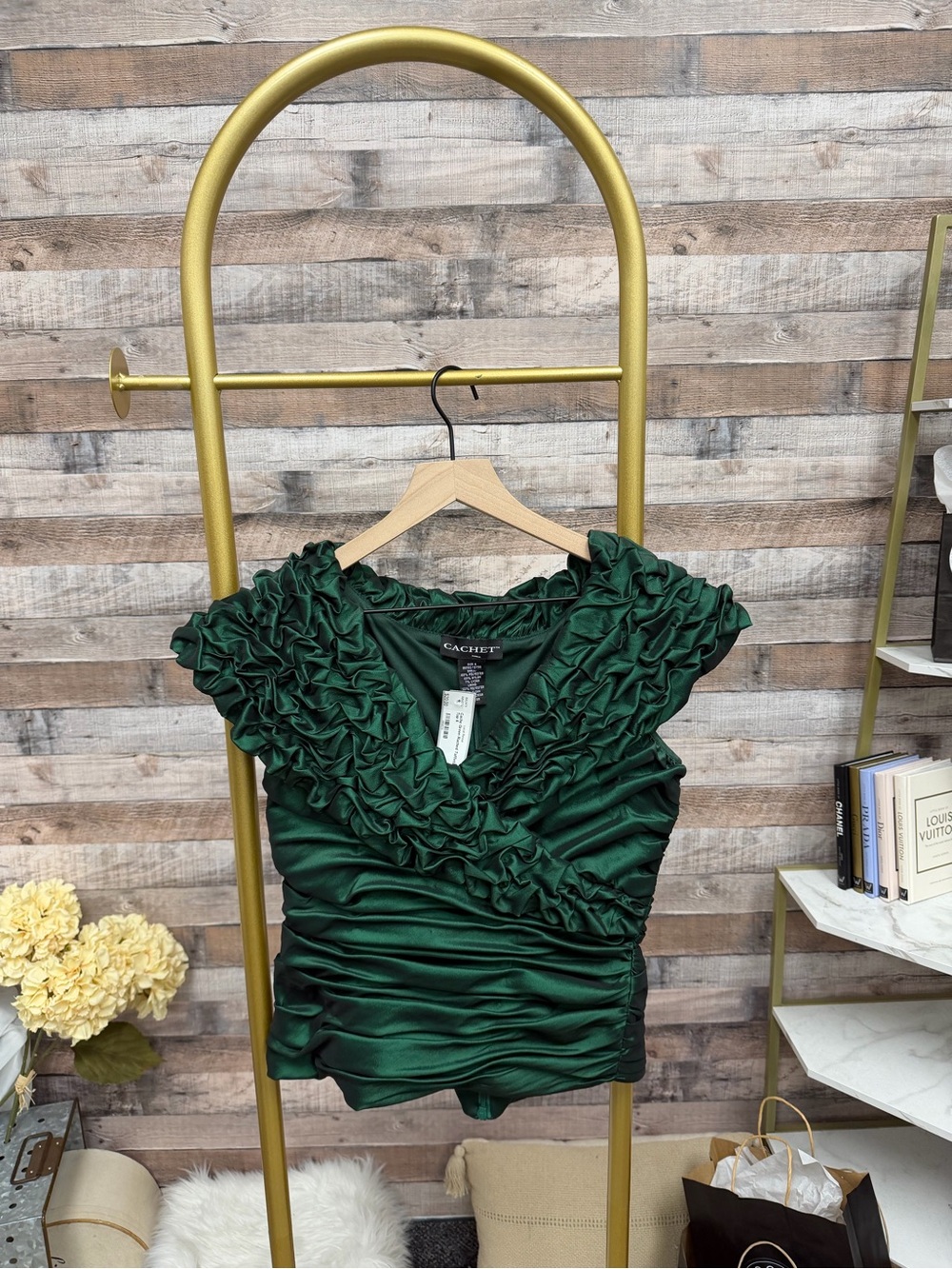 Cachet Deep Green Ruffle V-Neck Satin Blouse